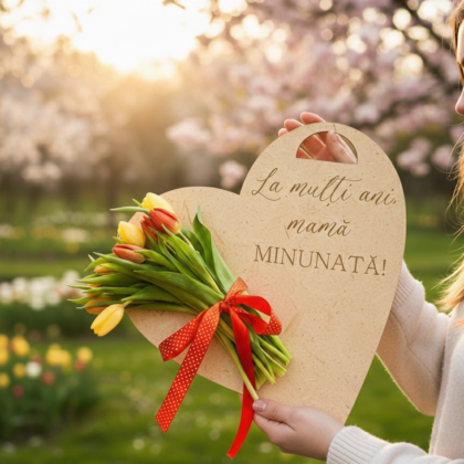 Suport Flori "Inimă" Personalizată – Gravură Mesaj & Opțiune Lalele